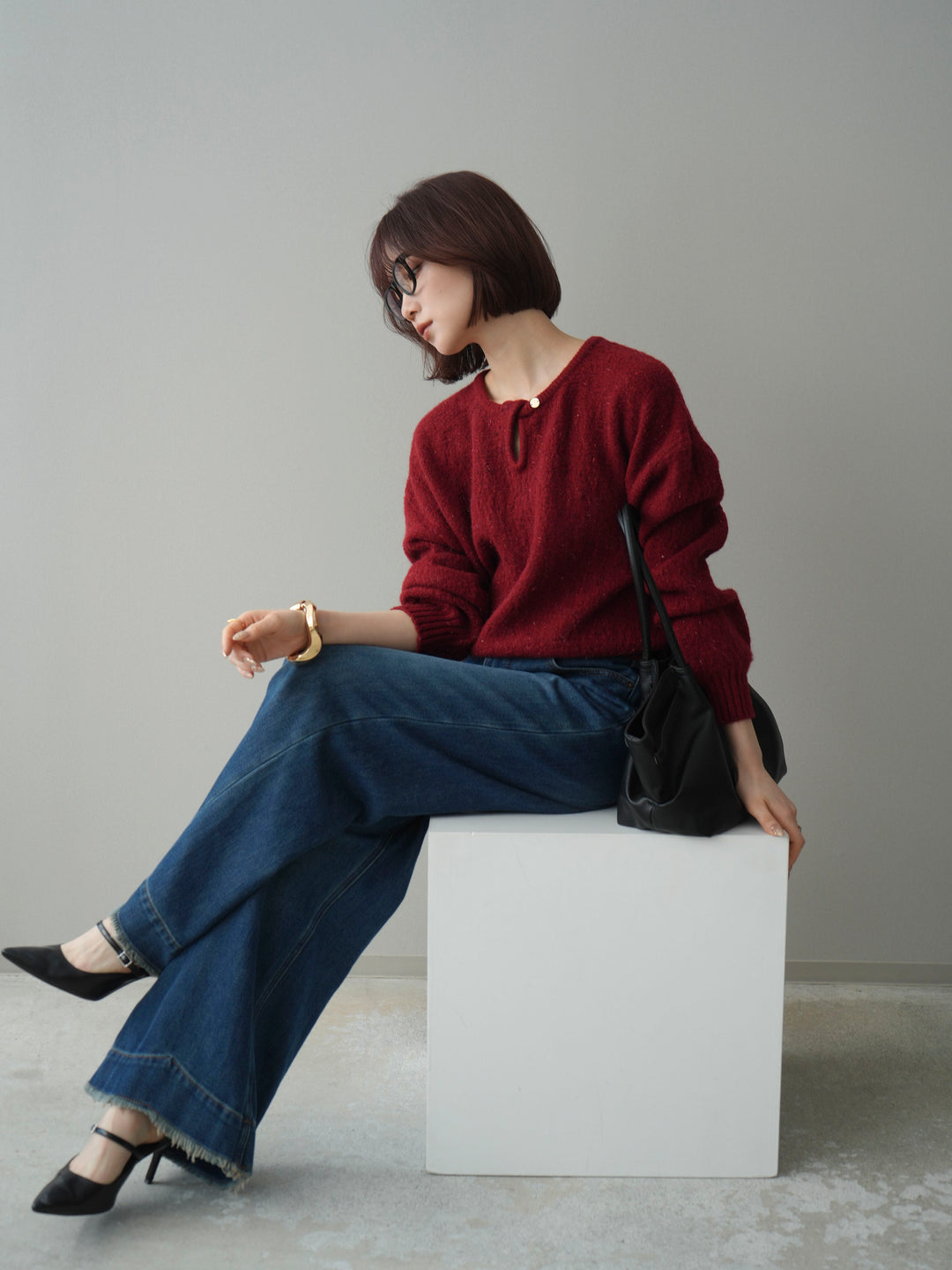 [SET]ツイストネックラメネップヤーンニットプルオーバー+選べるアクセセット(2set)