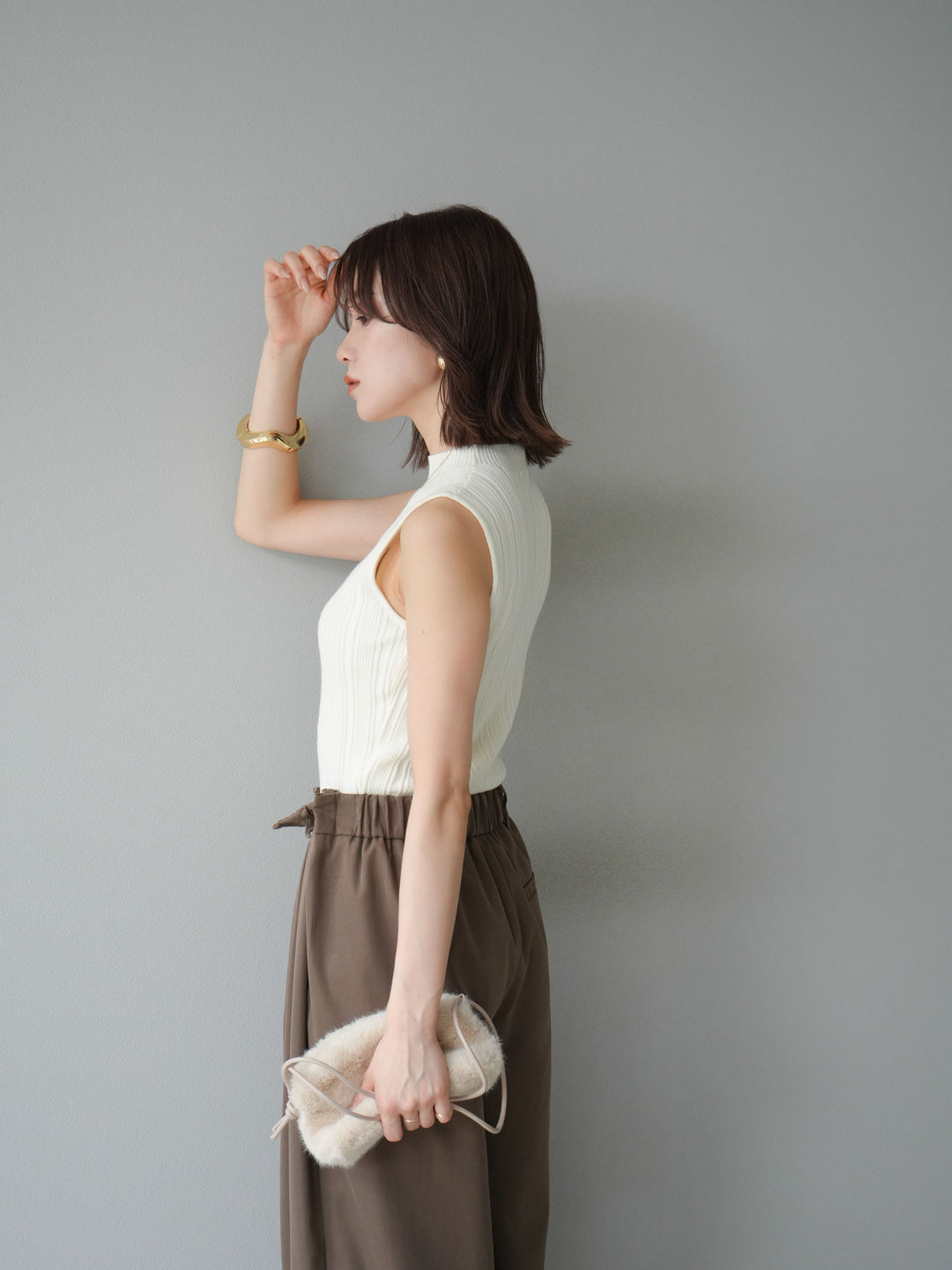 [予約]スリーブレスランダムリブニットトップス/アイボリー