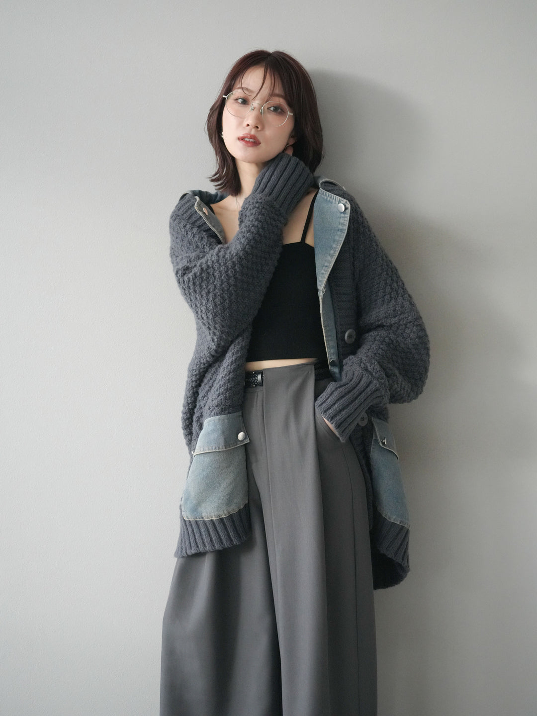 [予約]デニム襟レイヤードニットジャケット/gray