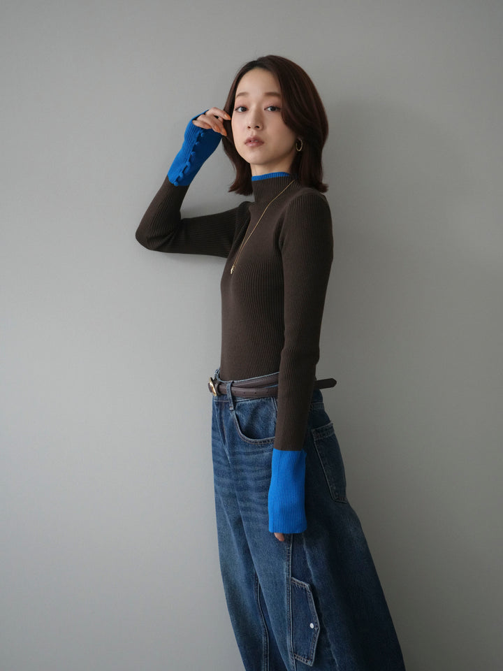 [予約]袖ボタンハイネック配色リブニットトップス/brown