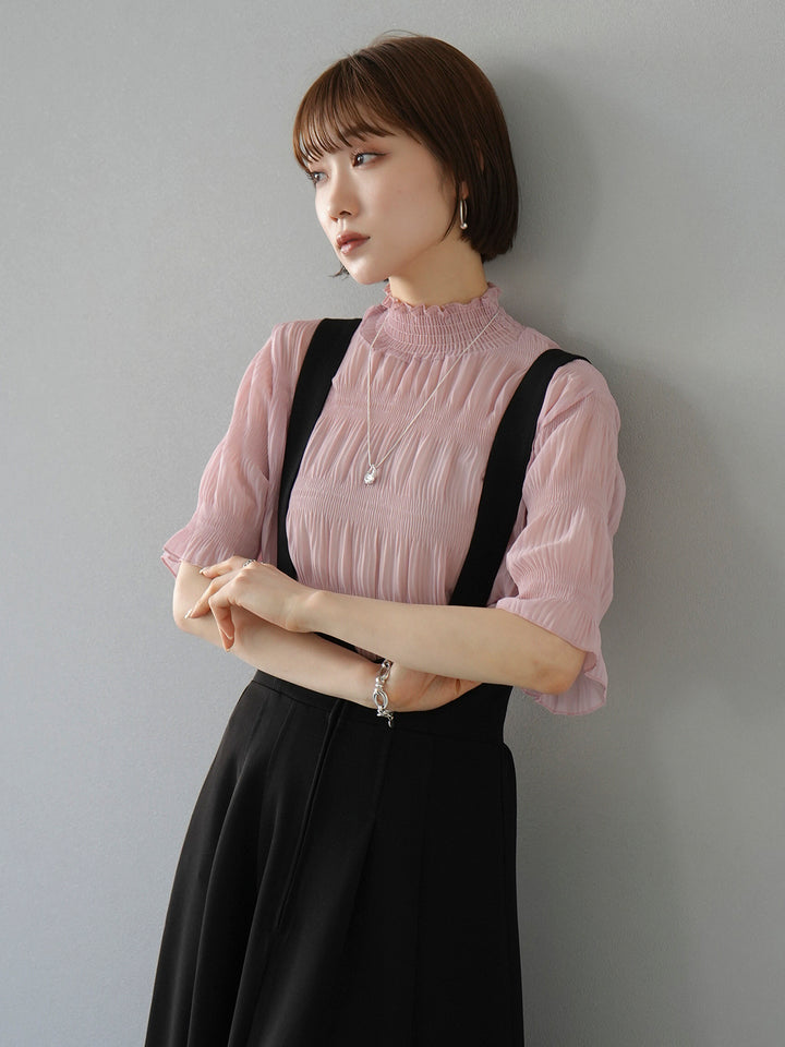 [SET] Shirring chiffon half sleeve blouse + 2WAY flare jumper skirt (2set)