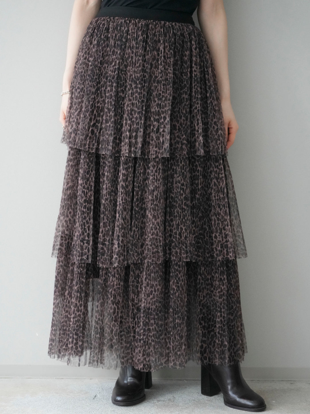 [予約]レオパード柄チュールフリルスカート/brown