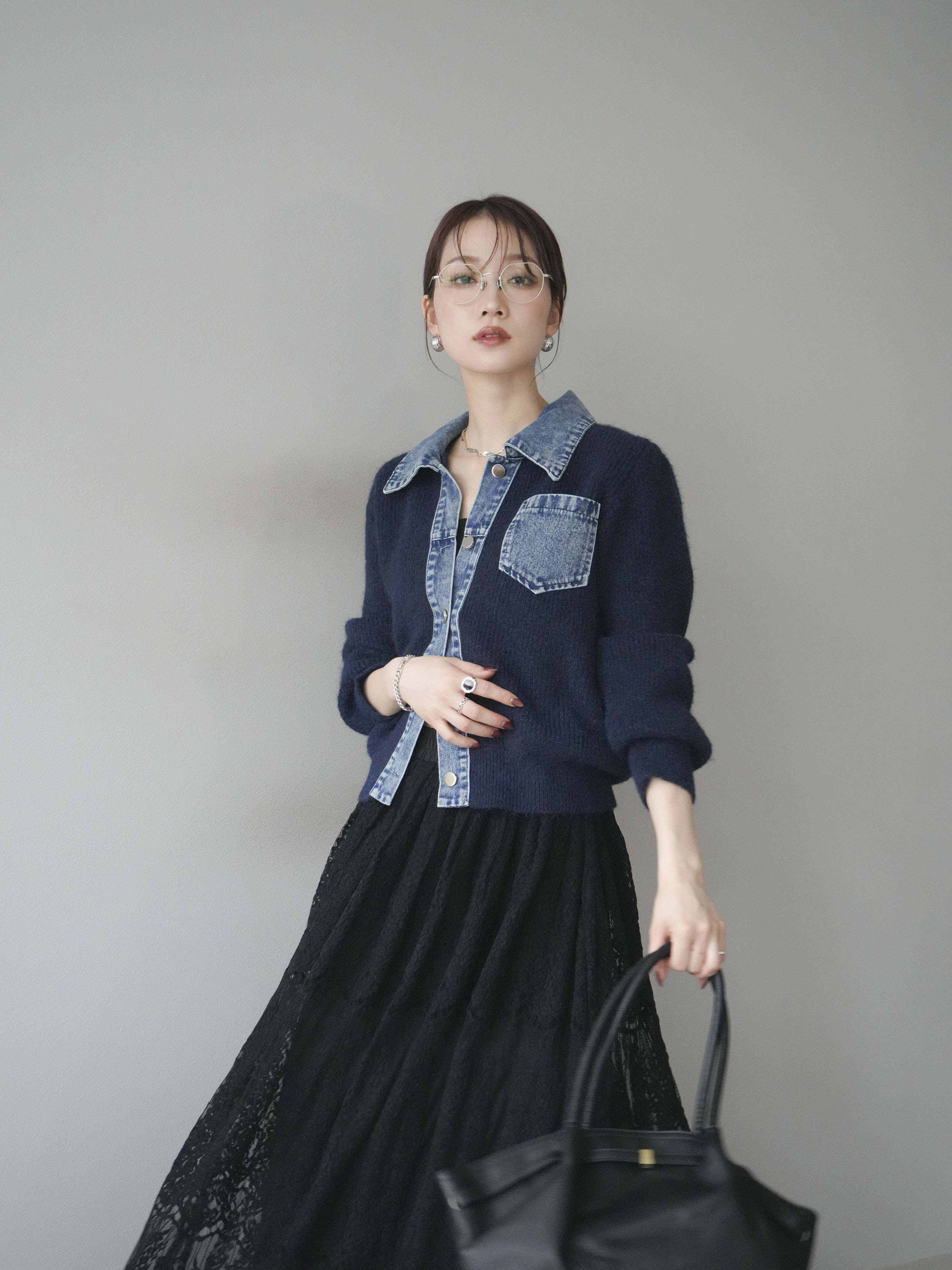 予約]デニム襟ポケットニットカーディガン/navy – Lumier
