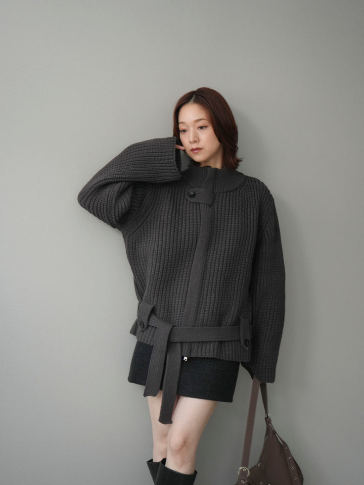 [予約]畦編みボトルネックZIPニットカーディガン/ gray