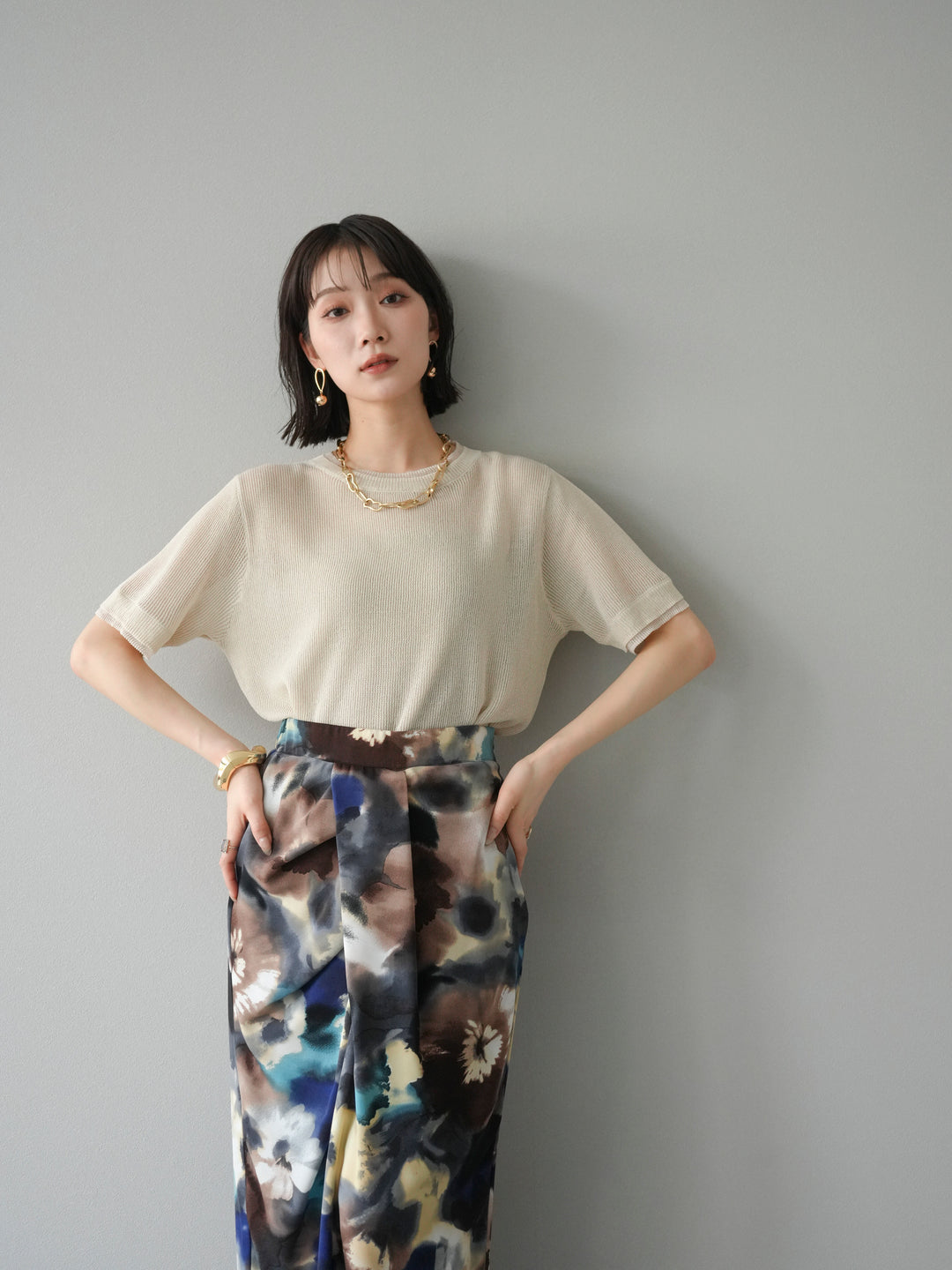 [SET]リネンタッチ配色二重臼ハーフニットトップス+選べるアソート柄スカートセット(2set)