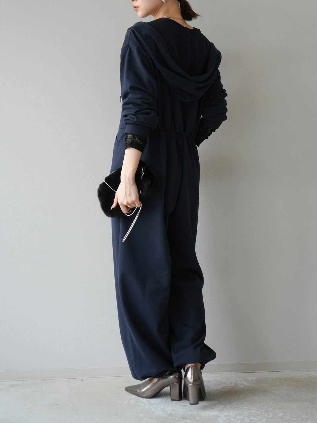 [予約]ミニ裏毛フーディージャンプスーツ/ダークネイビー