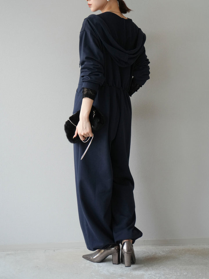 [予約]ミニ裏毛フーディージャンプスーツ/ダークネイビー