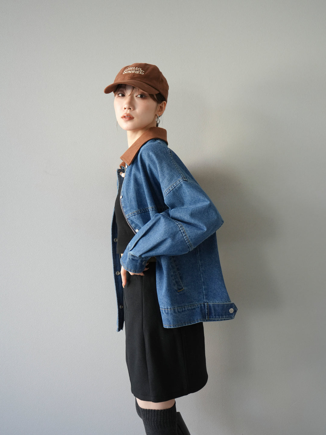 [予約]スウェード襟切替デニムブルゾン/ブルー