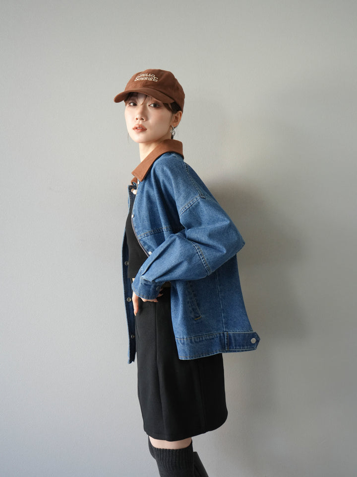 [予約]スウェード襟切替デニムブルゾン/ブルー