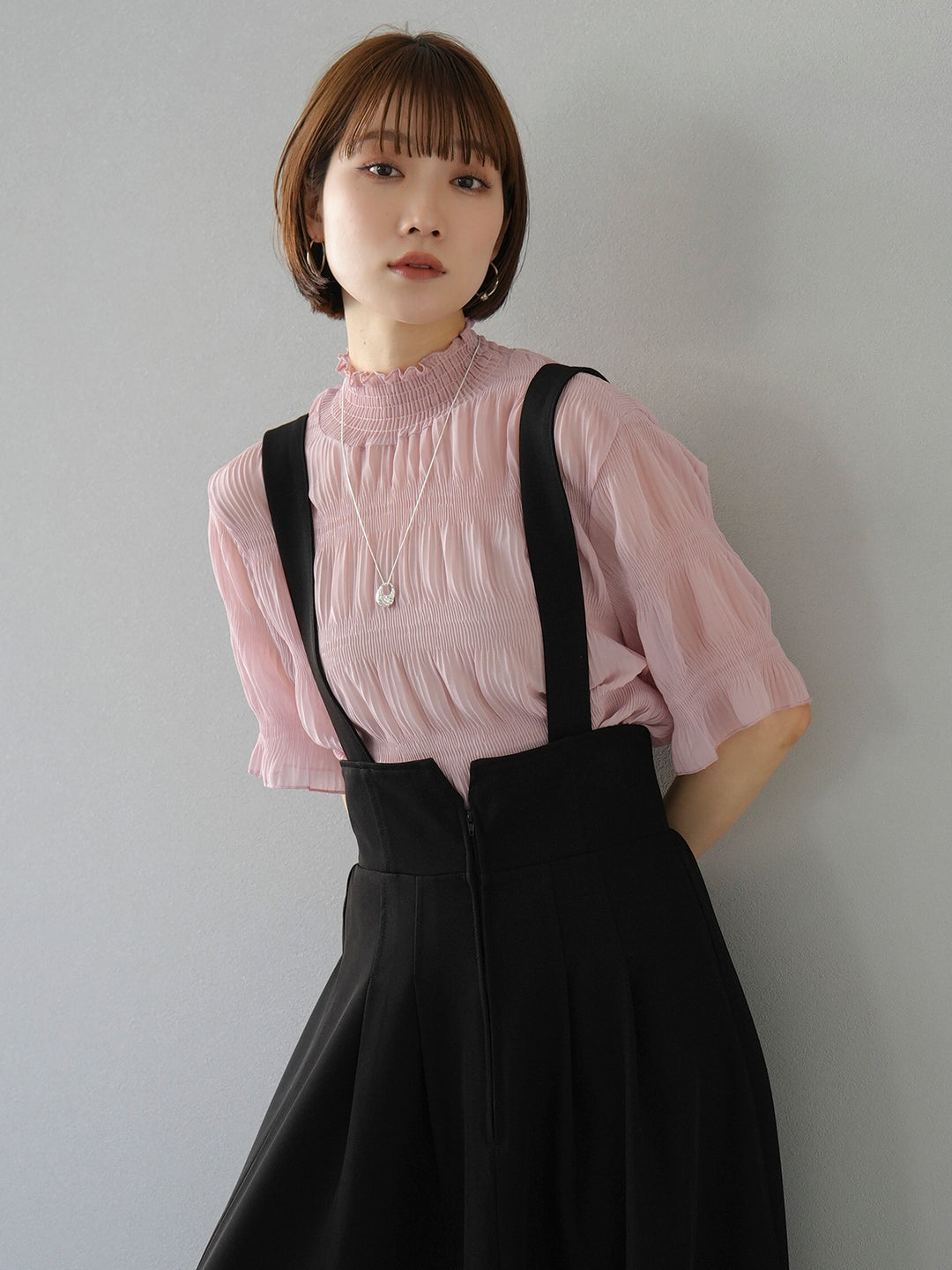 [SET] Shirring chiffon half sleeve blouse + 2WAY flare jumper skirt (2set)