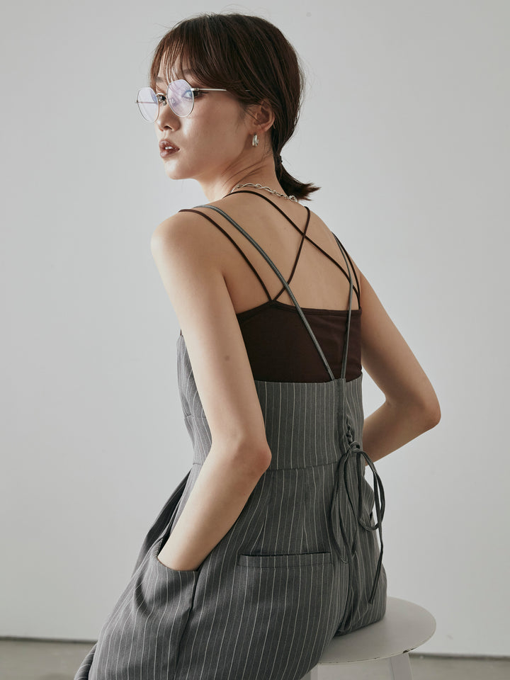 [予約]ヘリンボーンストライプサロペット/チャコール