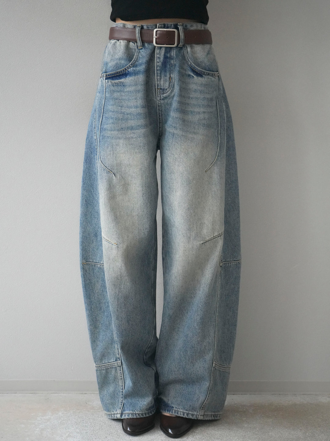 [予約]ベルト付カーブデニムパンツ/lightblue
