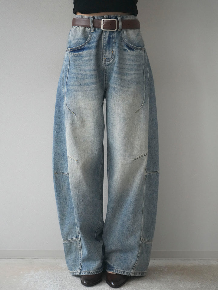 [予約]ベルト付カーブデニムパンツ/lightblue