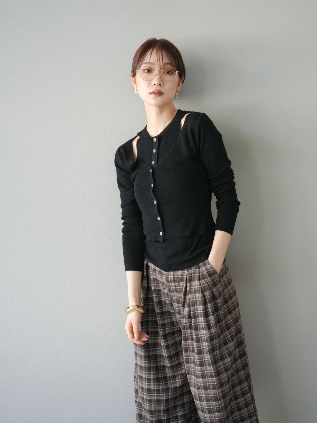 [予約]レイヤードデザインニットカーディガン/ブラック