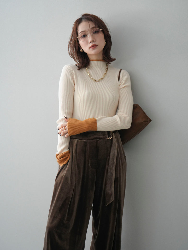 [SET]袖ボタンハイネック配色リブニットトップス+選べるアクセセット(2set)