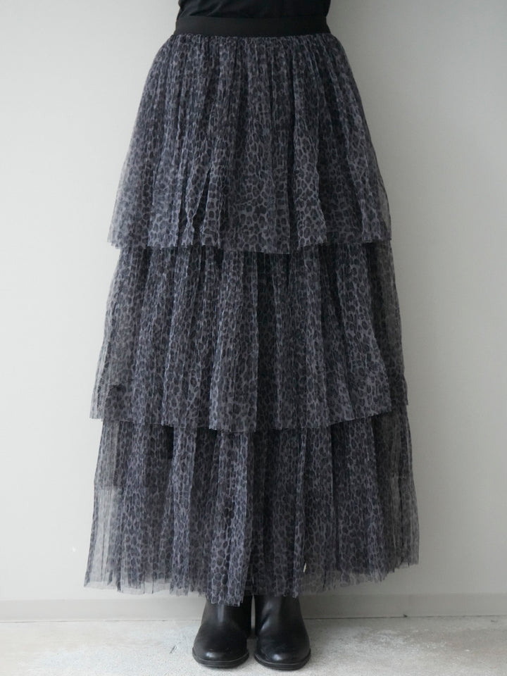 [予約]レオパード柄チュールフリルスカート/gray