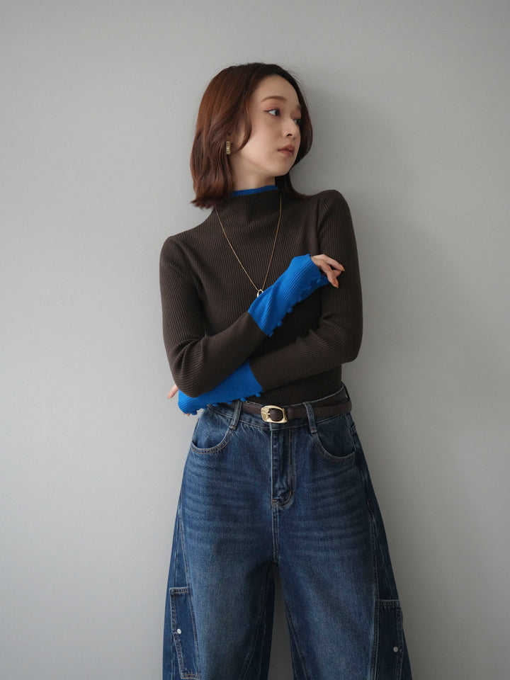 [予約]袖ボタンハイネック配色リブニットトップス/brown