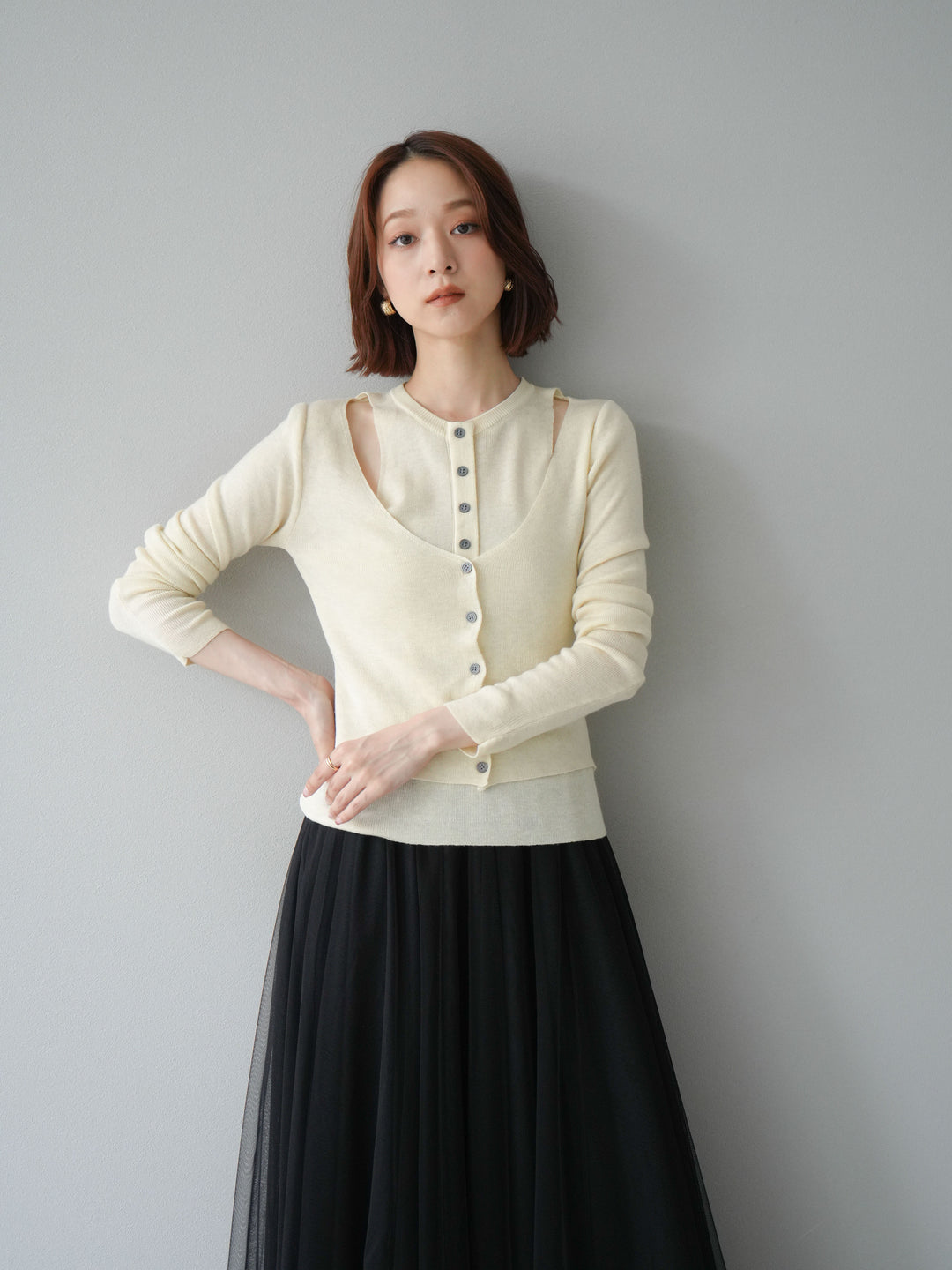 [予約]レイヤードデザインニットカーディガン/アイボリー