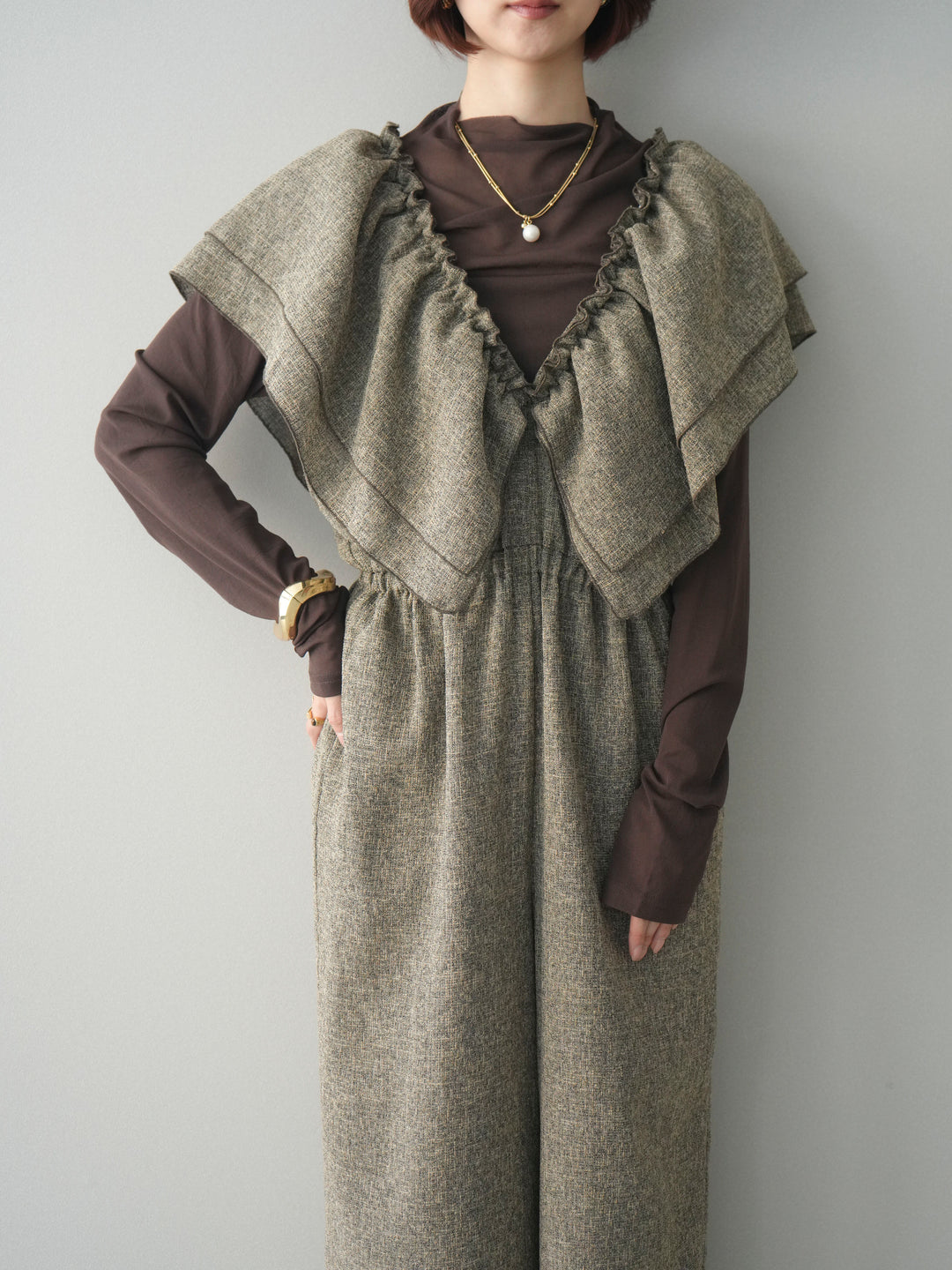 [SET]3WAYミックスツイードギャザーオールインワン+シアープチネックストレッチトップス(2set)