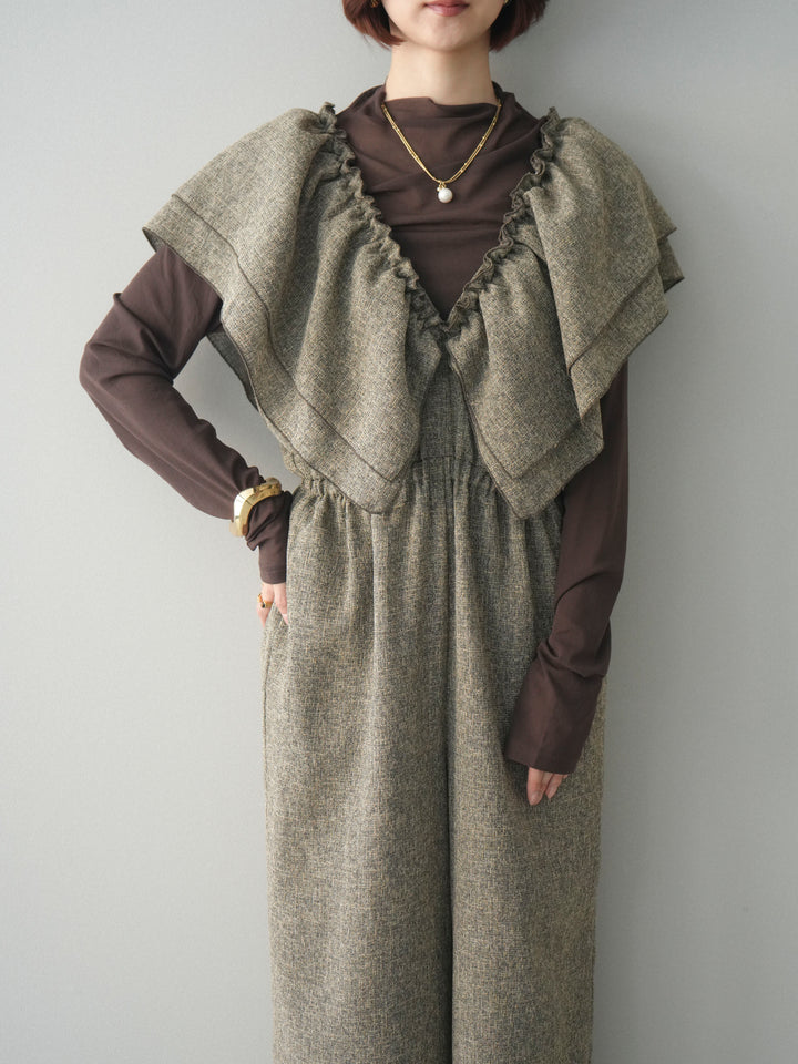 [SET]3WAYミックスツイードギャザーオールインワン+シアープチネックストレッチトップス(2set)