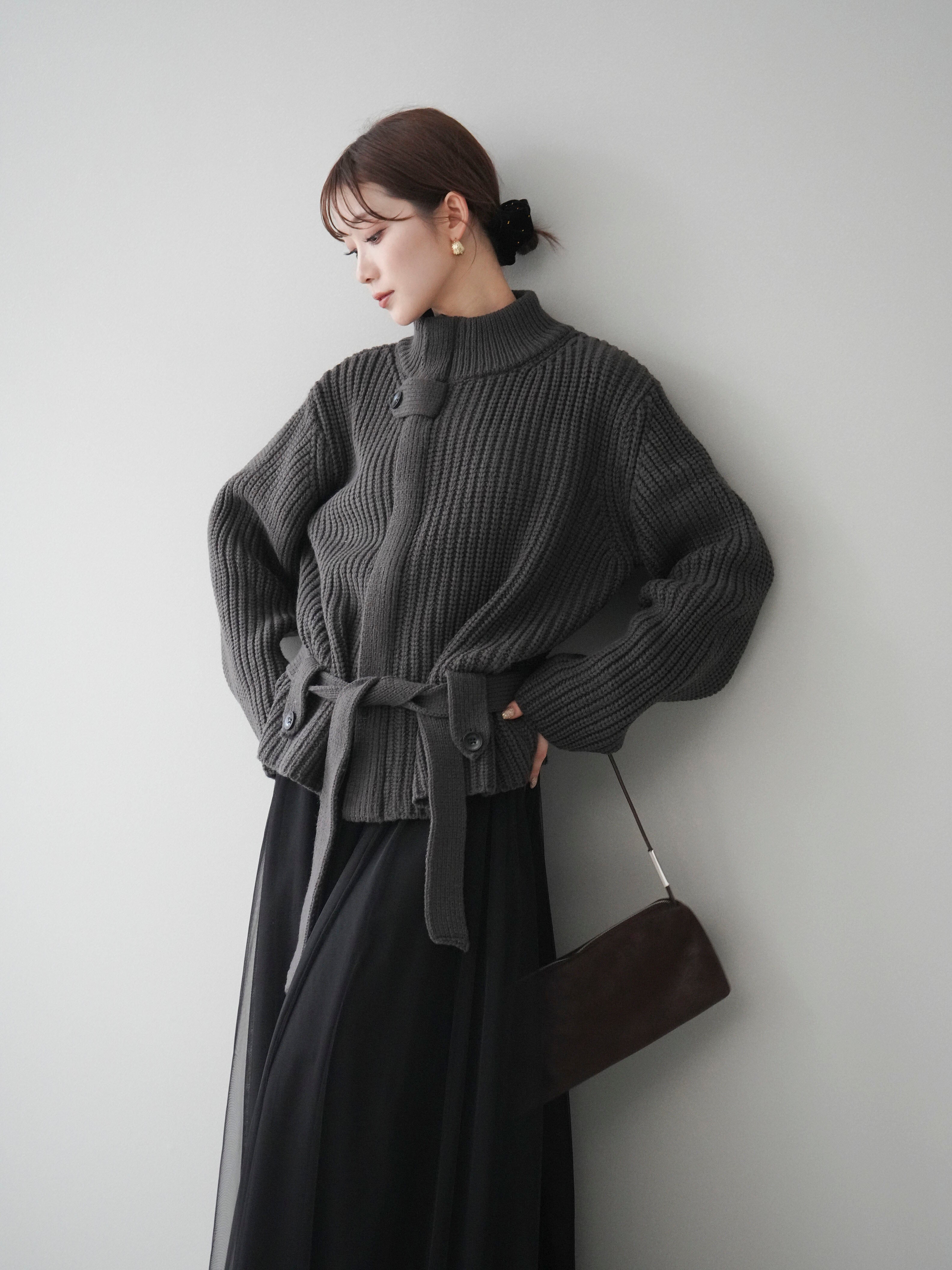 予約]畦編みボトルネックZIPニットカーディガン/ gray – Lumier