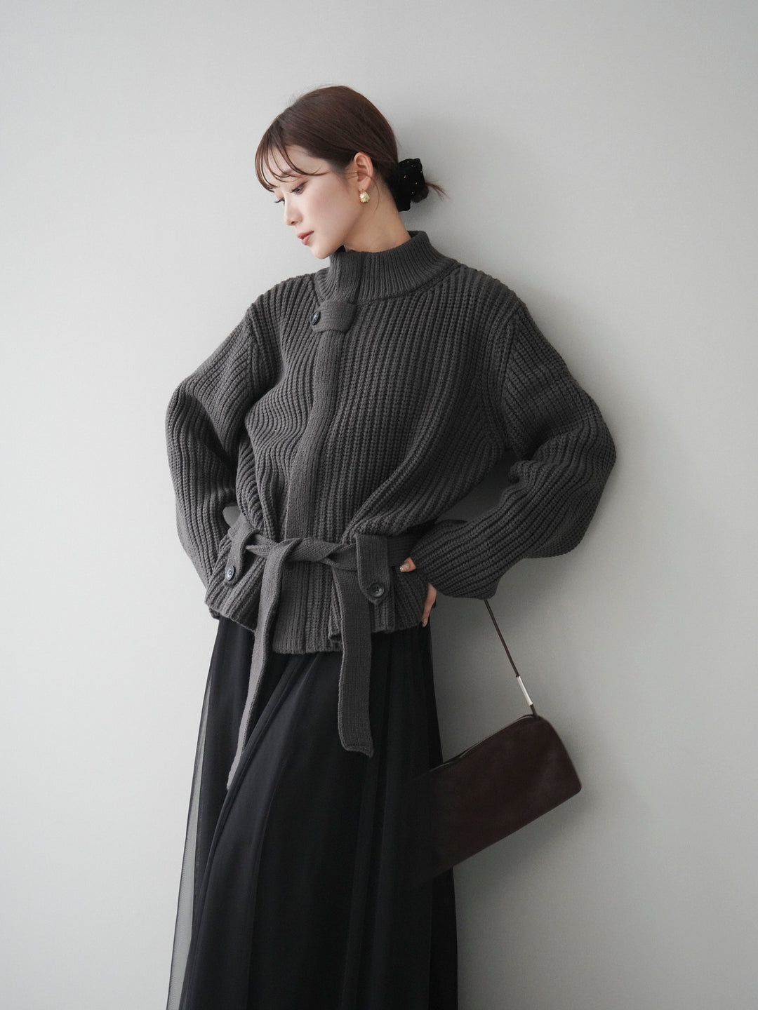 [予約]畦編みボトルネックZIPニットカーディガン/ gray