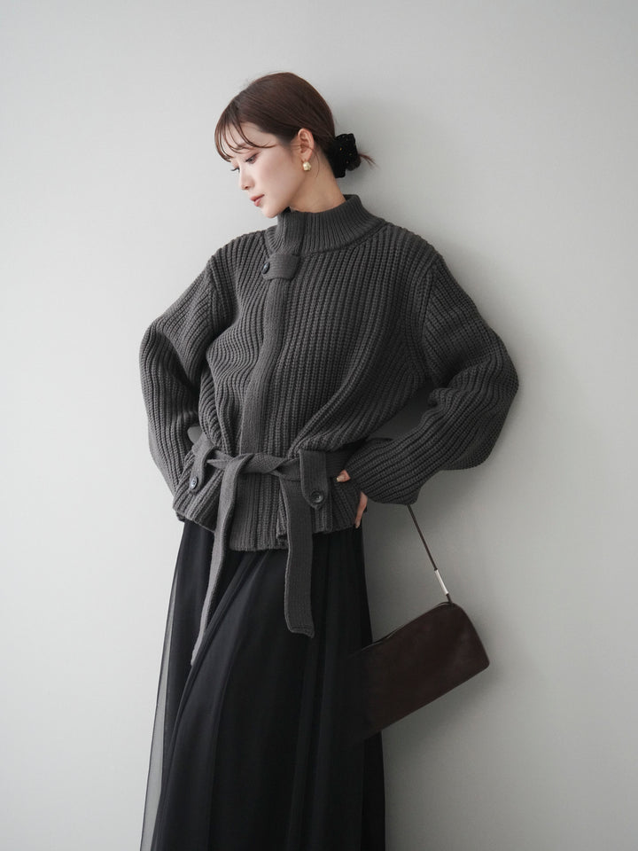 [予約]畦編みボトルネックZIPニットカーディガン/ gray