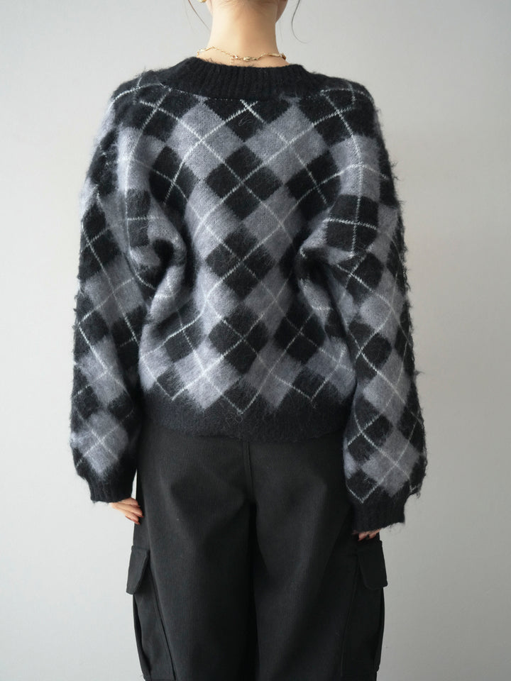 [予約]アーガイルシャギーニットカーディガン/gray