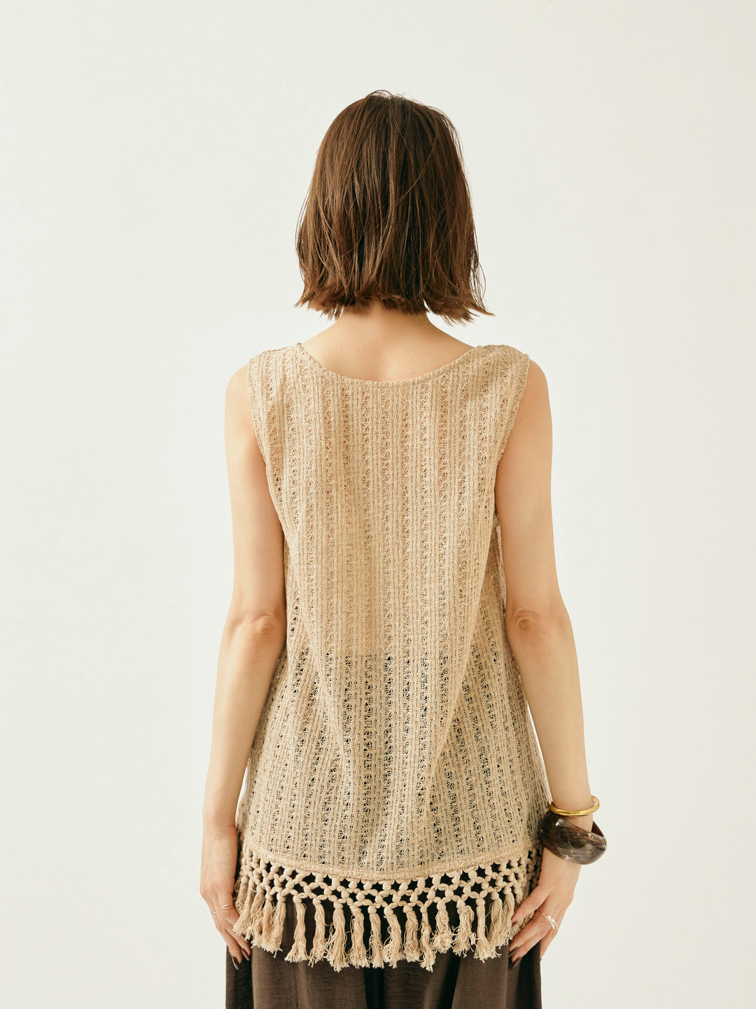 [予約]フリンジ透かし編みニットベスト/ベージュ