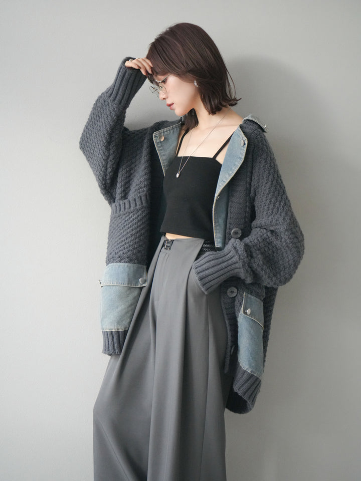 [予約]デニム襟レイヤードニットジャケット/gray