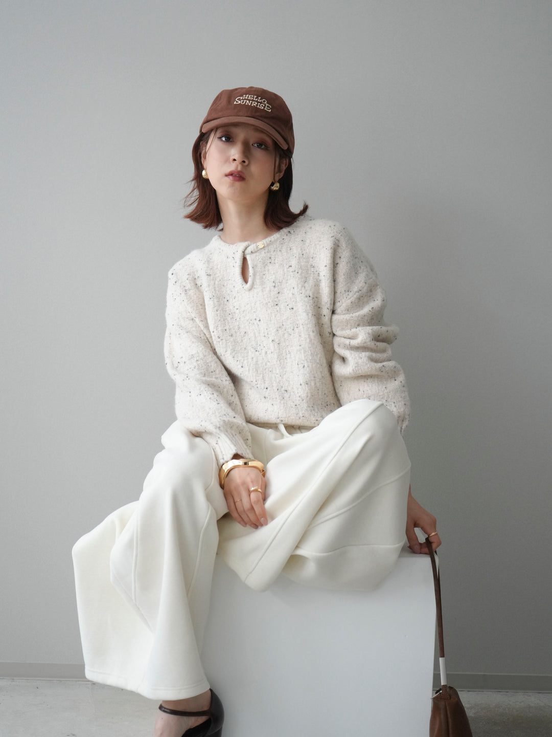 [予約]ツイストネックラメネップヤーンニットプルオーバー/ivory