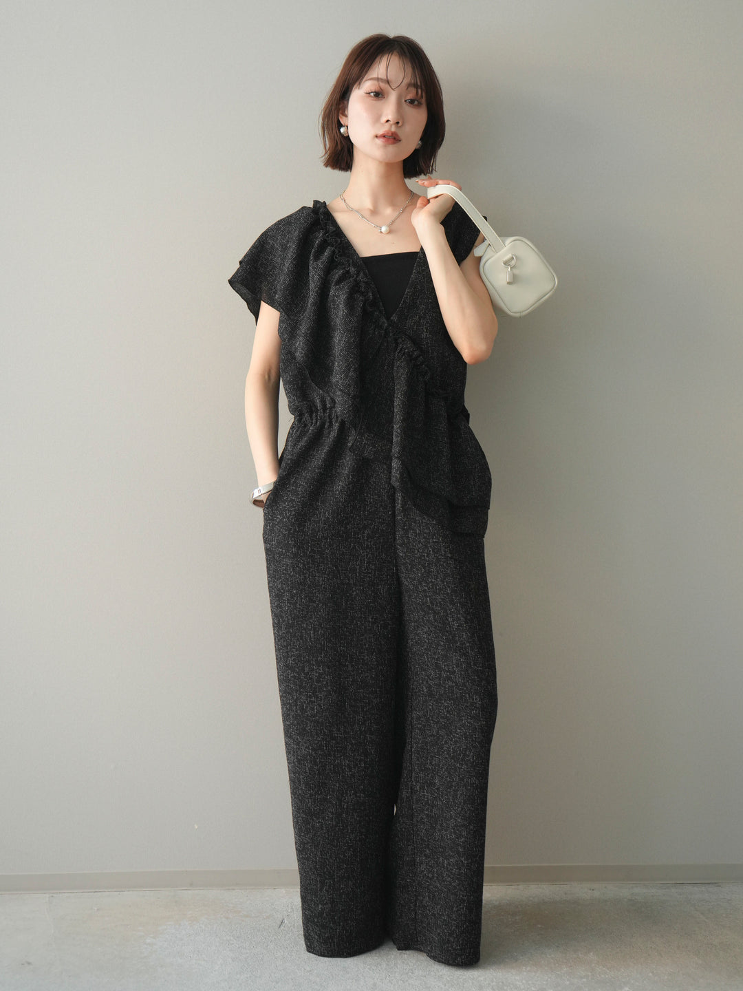 [SET]3WAYミックスツイードギャザーオールインワン+選べるアクセセット(2set)