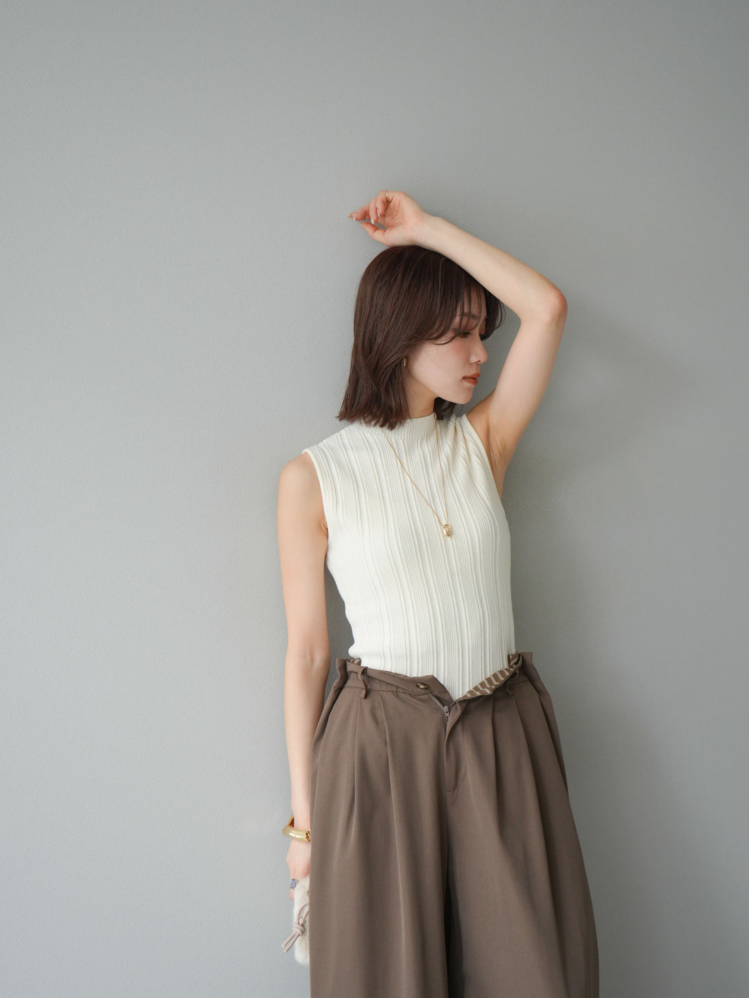 [予約]スリーブレスランダムリブニットトップス/アイボリー