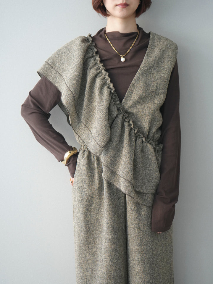 [SET]3WAYミックスツイードギャザーオールインワン+シアープチネックストレッチトップス(2set)