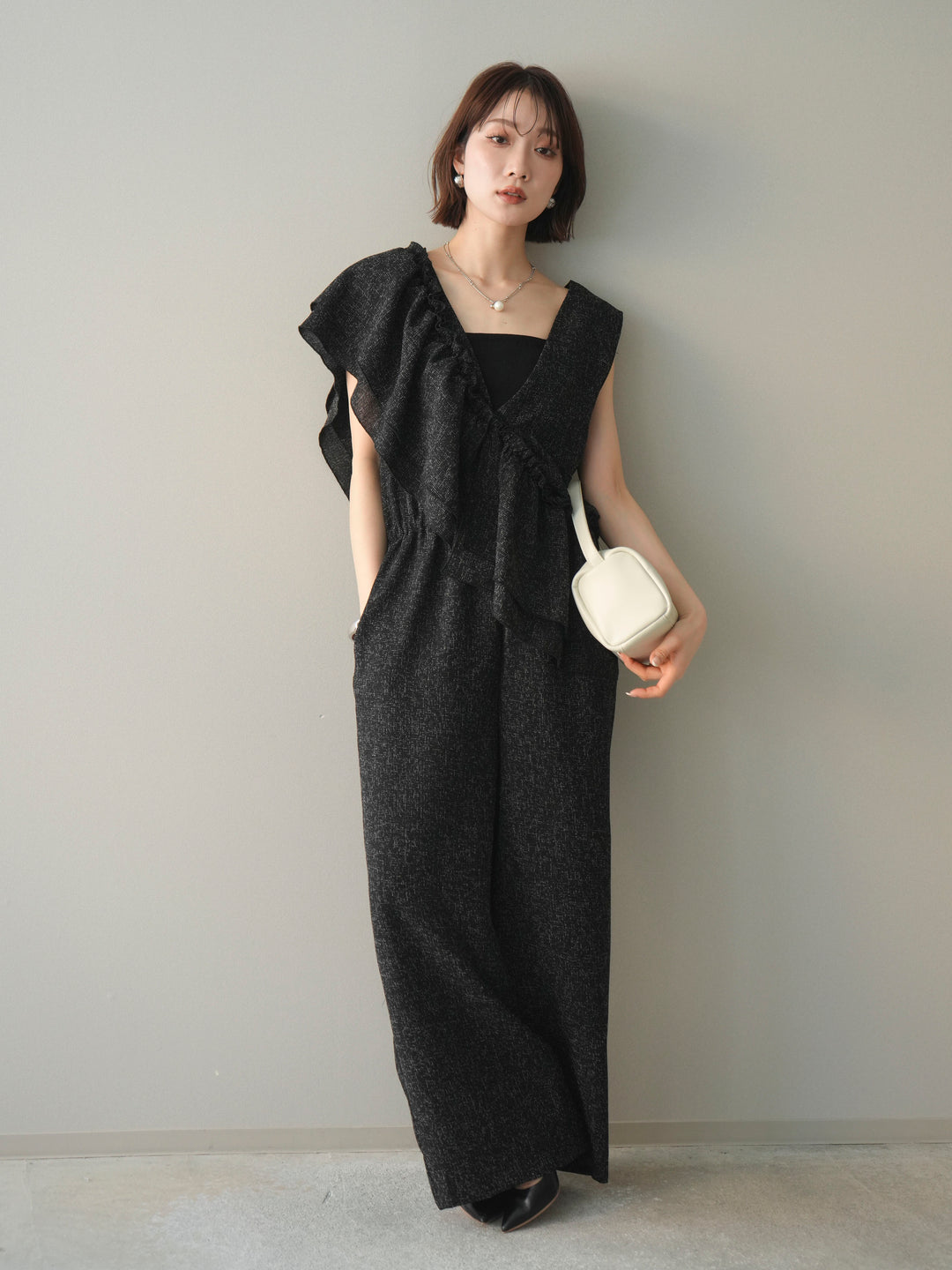 [SET]3WAYミックスツイードギャザーオールインワン+選べるアクセセット(2set)