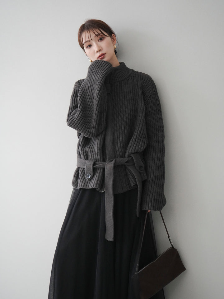 [予約]畦編みボトルネックZIPニットカーディガン/ gray