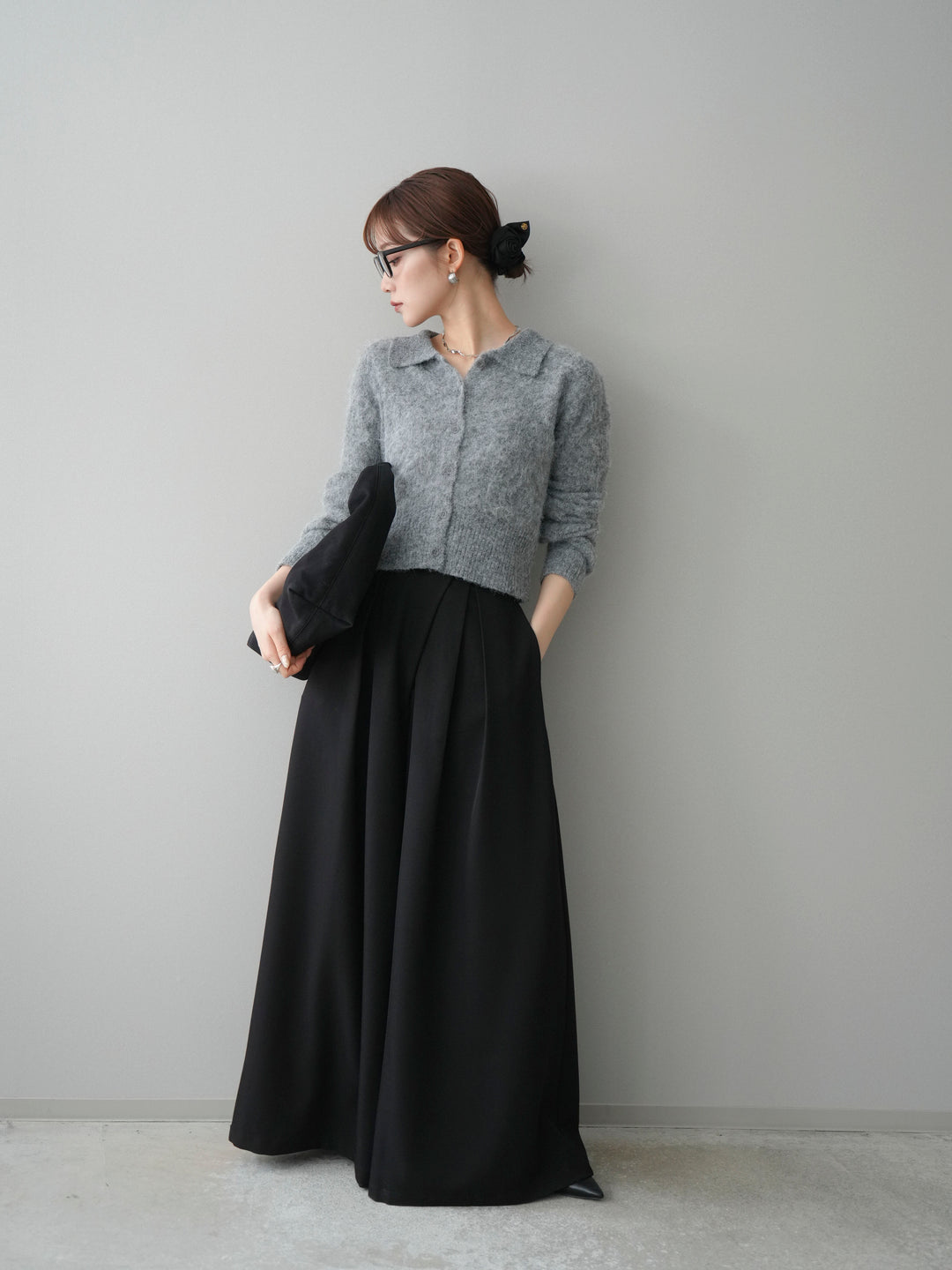 [SET]モヘア衿付きボタンプルオーバー+テープベルトタックバギーパンツ(2set)