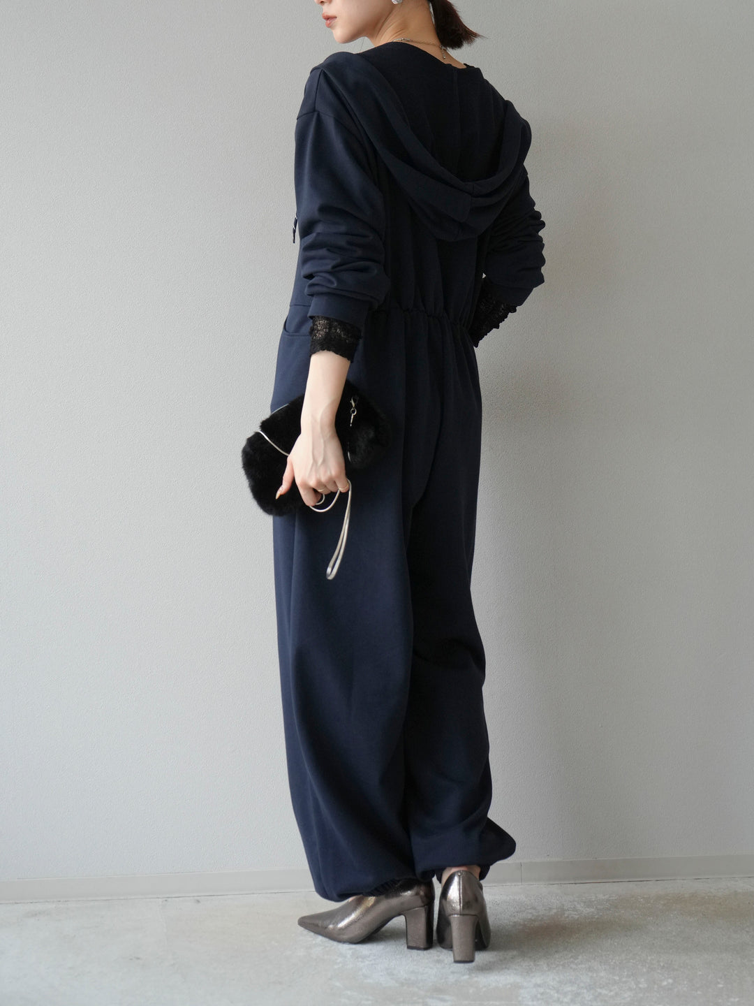 [予約]ミニ裏毛フーディージャンプスーツ/ダークネイビー