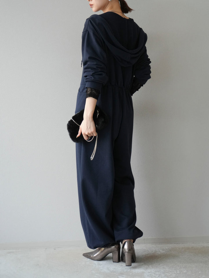 [予約]ミニ裏毛フーディージャンプスーツ/ダークネイビー