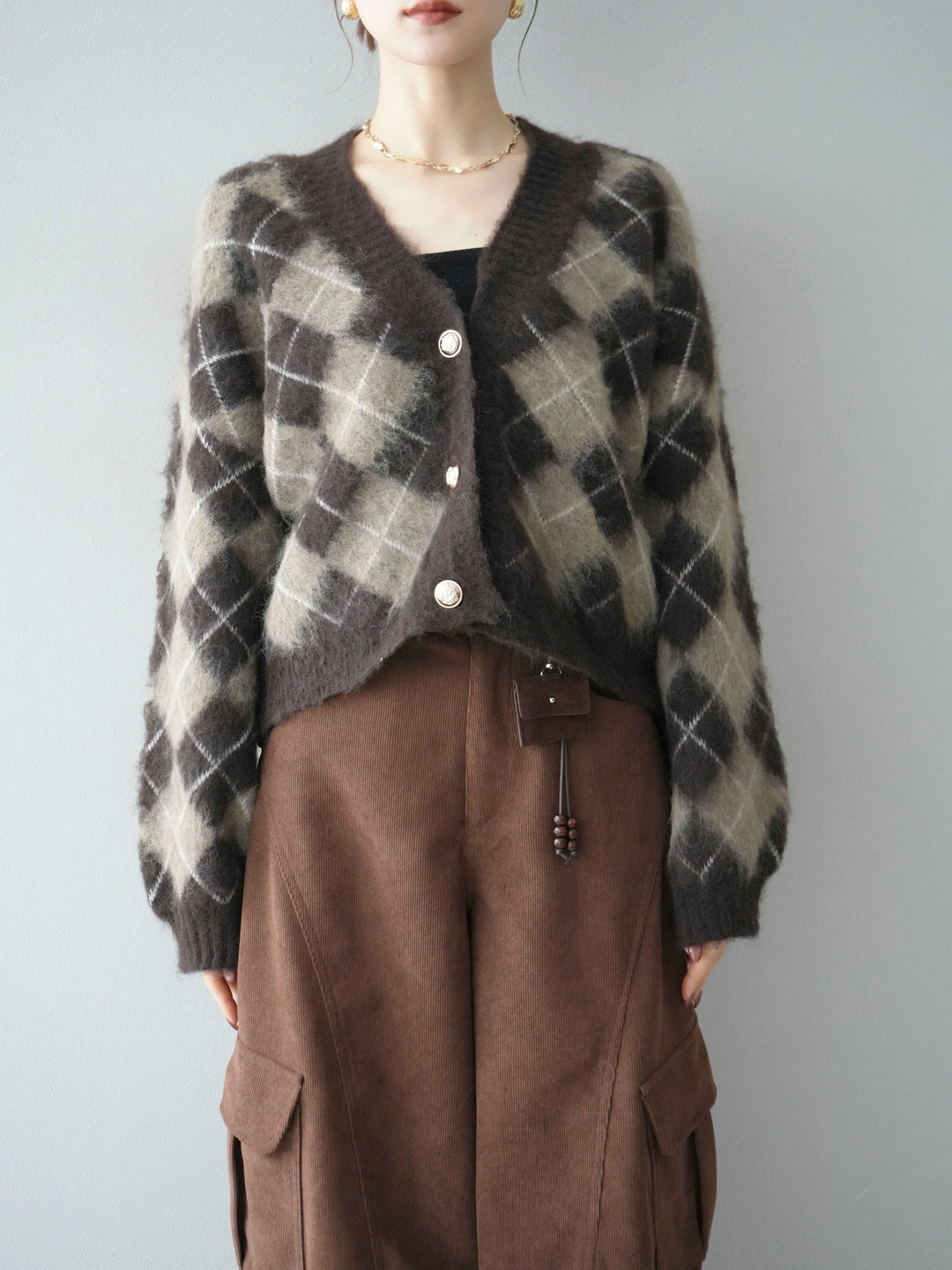 [予約]アーガイルシャギーニットカーディガン/brown