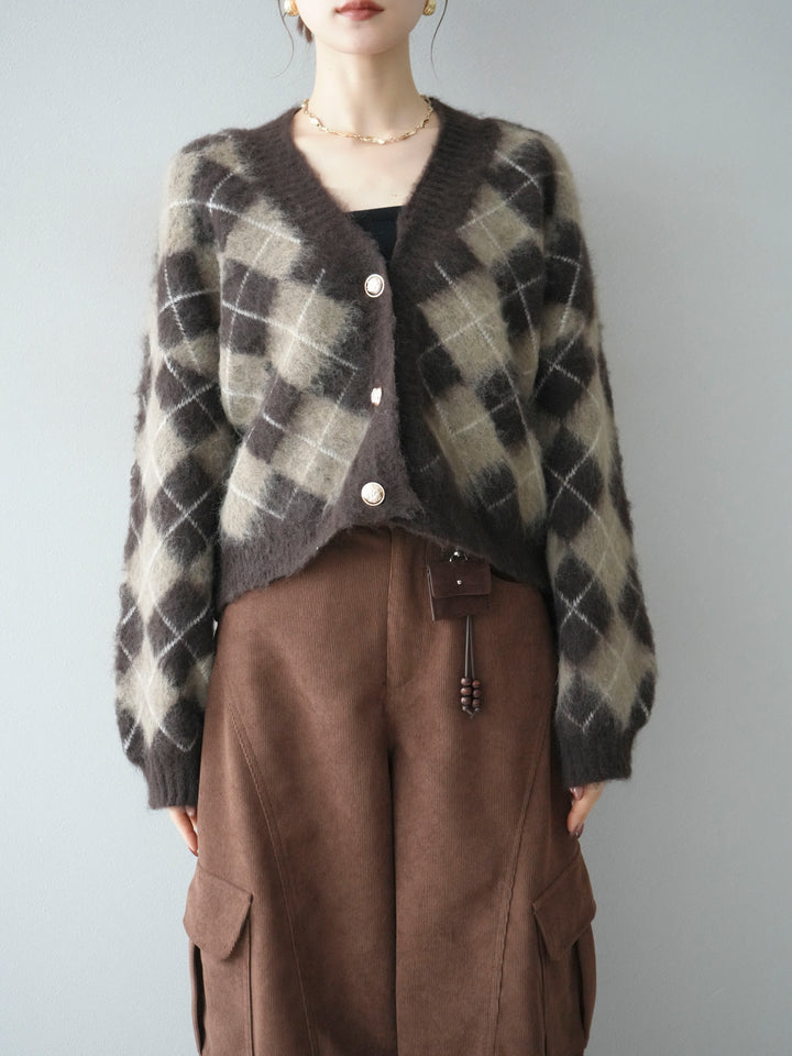 [予約]アーガイルシャギーニットカーディガン/brown