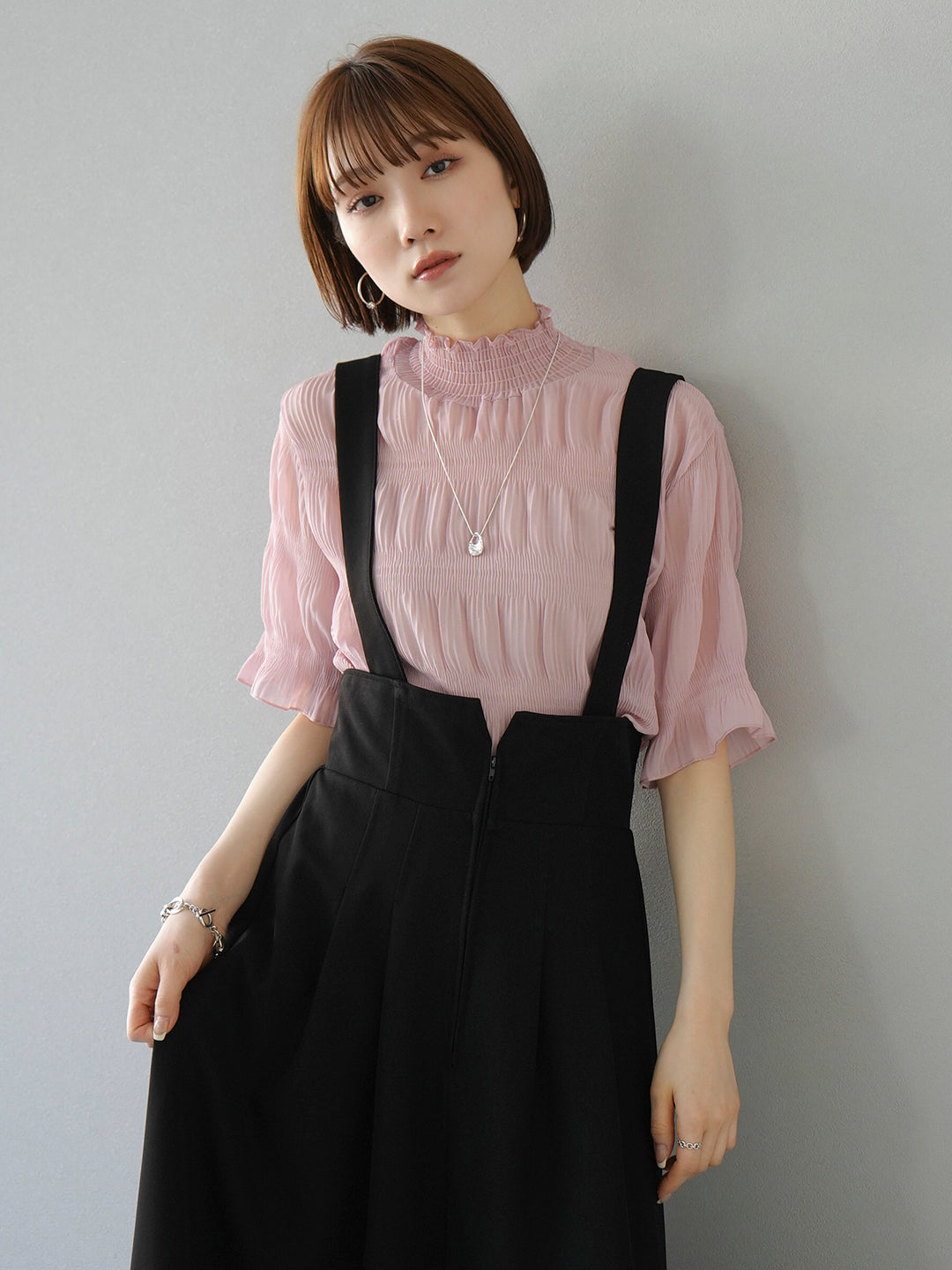 [SET] Shirring chiffon half sleeve blouse + 2WAY flare jumper skirt (2set)