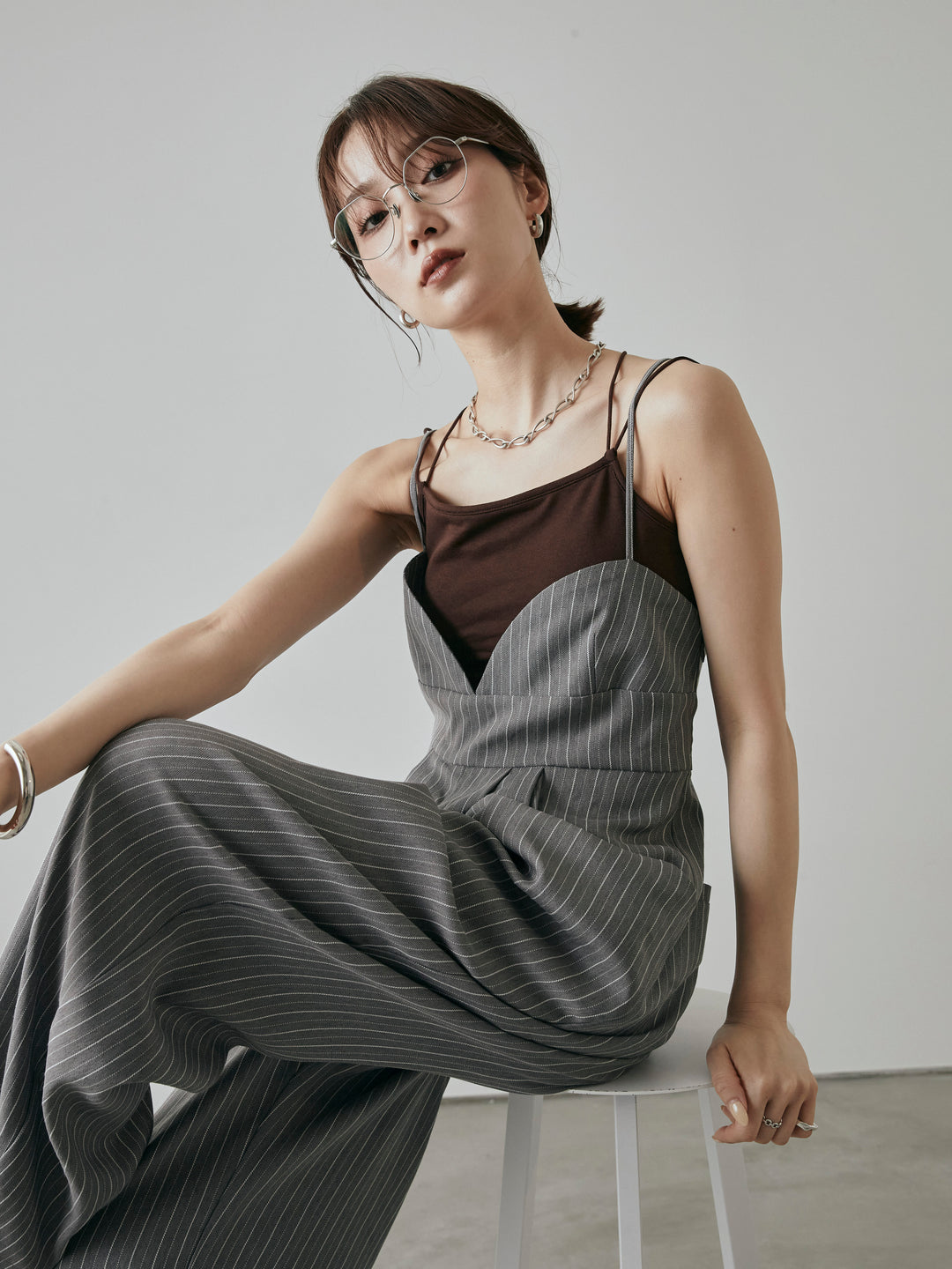 [予約]ヘリンボーンストライプサロペット/チャコール