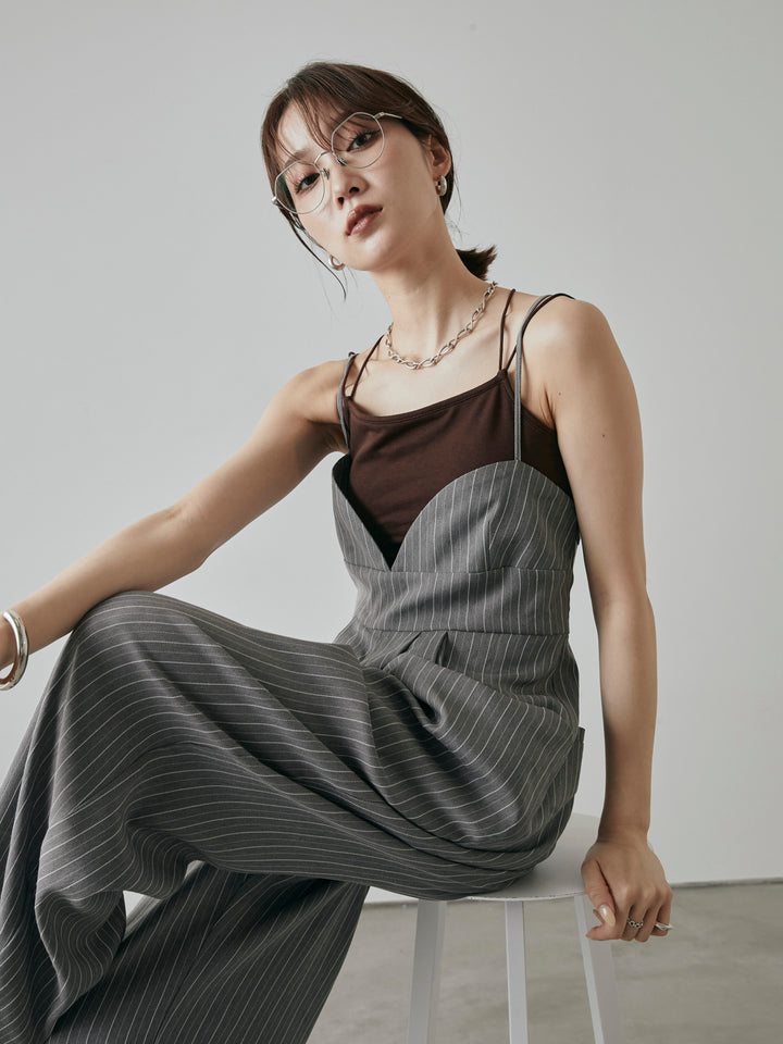 [予約]ヘリンボーンストライプサロペット/チャコール