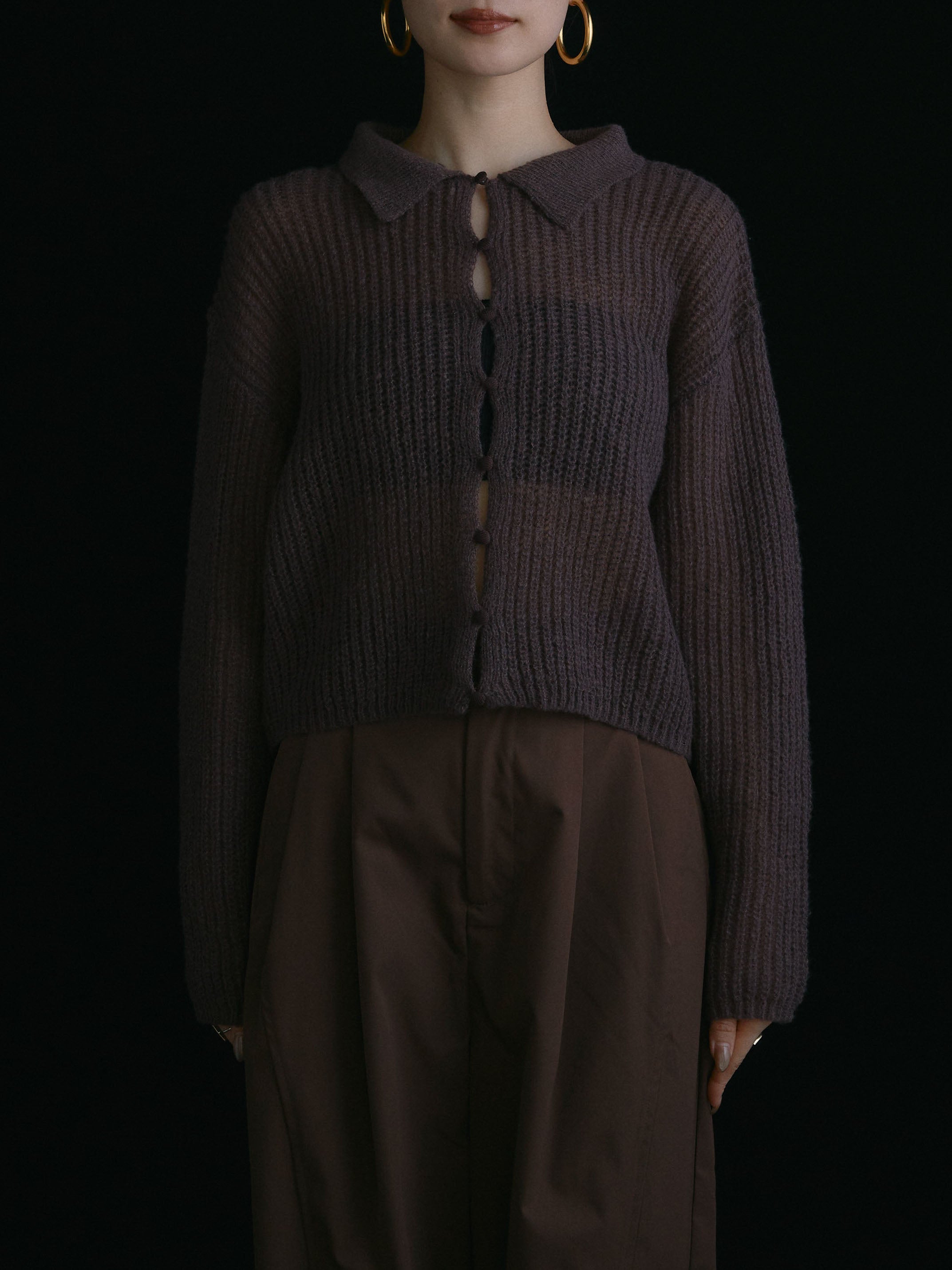 予約]起毛片畦編みシアーポロニット/ブラウン – Lumier