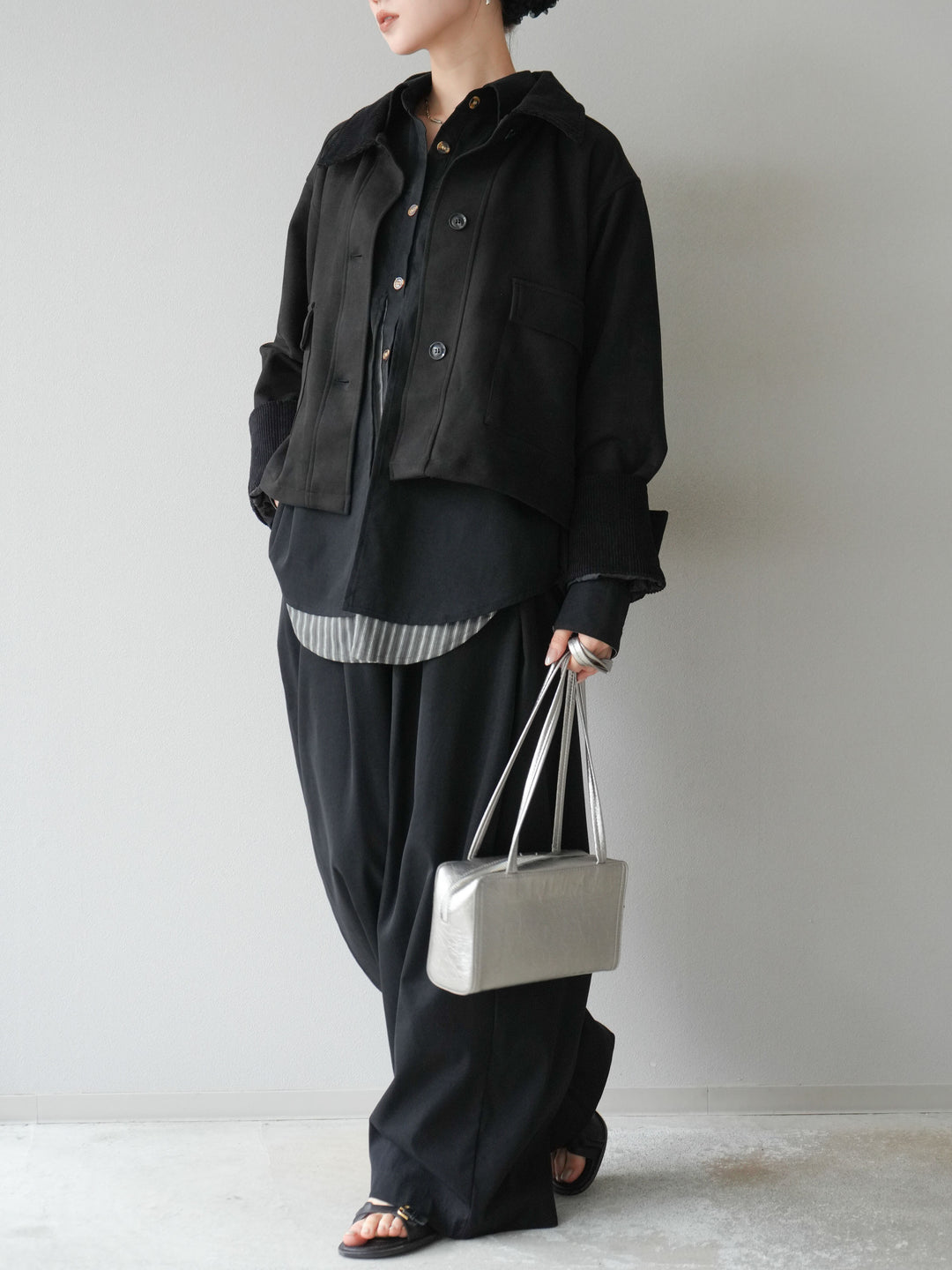 [予約]コーデュロイ切替スウェードショートジャケット/ブラック