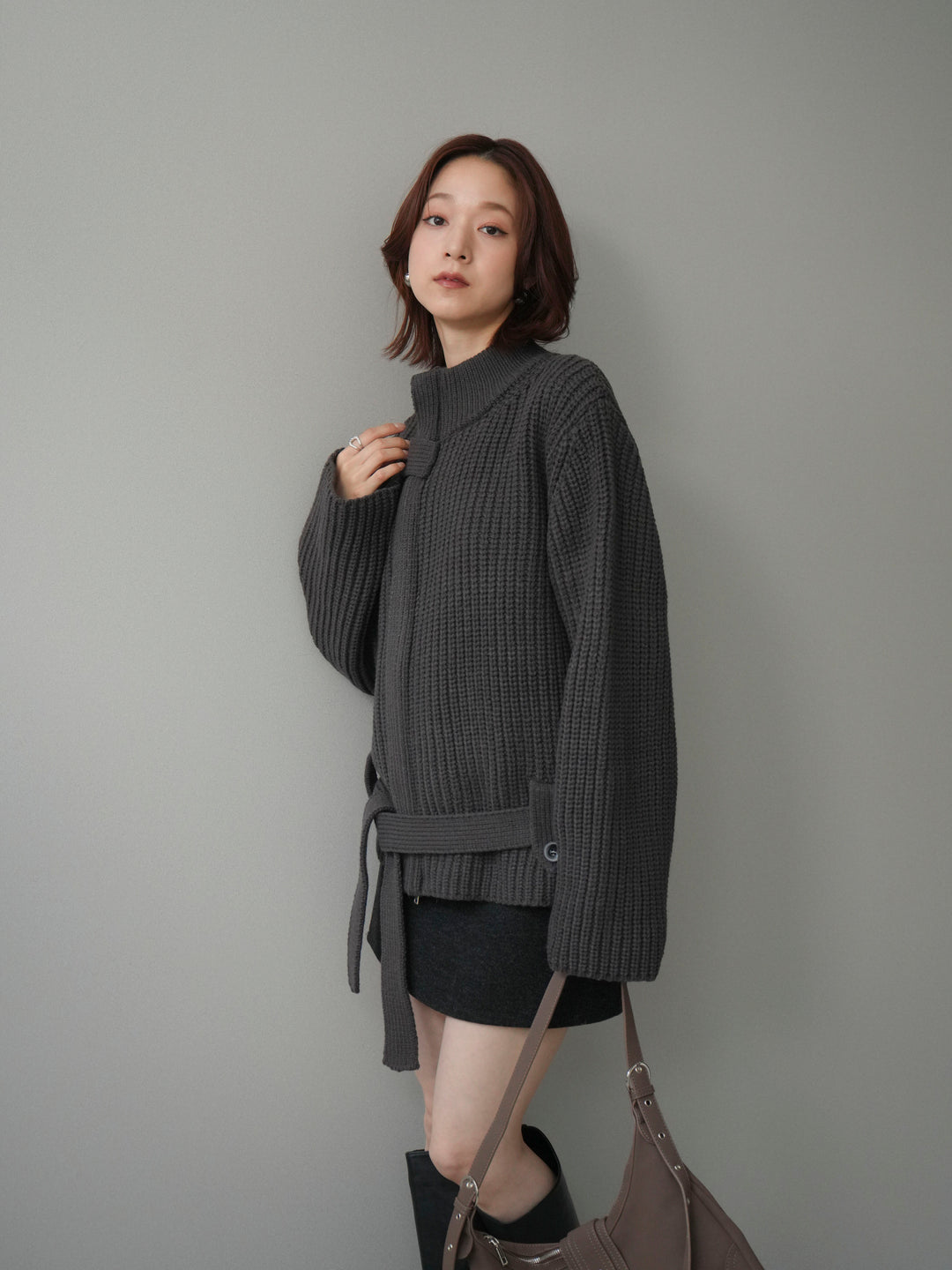 [予約]畦編みボトルネックZIPニットカーディガン/ gray