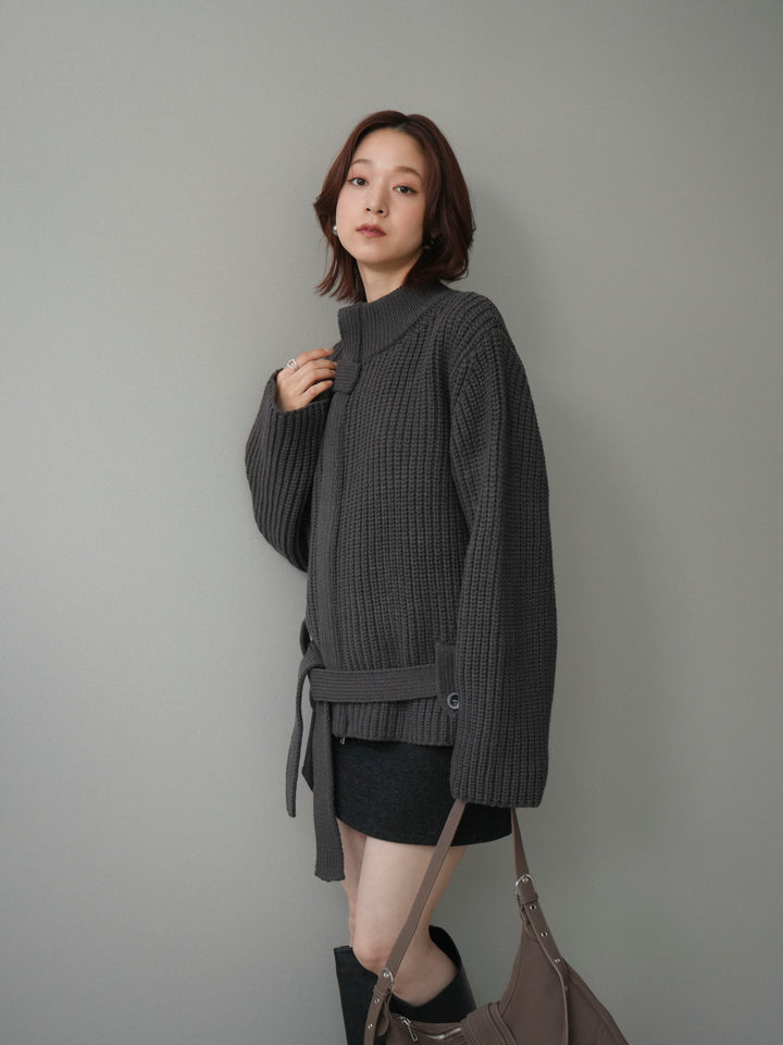 [予約]畦編みボトルネックZIPニットカーディガン/ gray