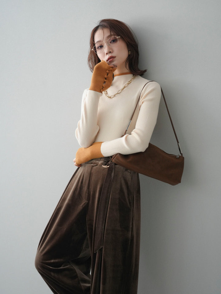 [SET]袖ボタンハイネック配色リブニットトップス+選べるアクセセット(2set)