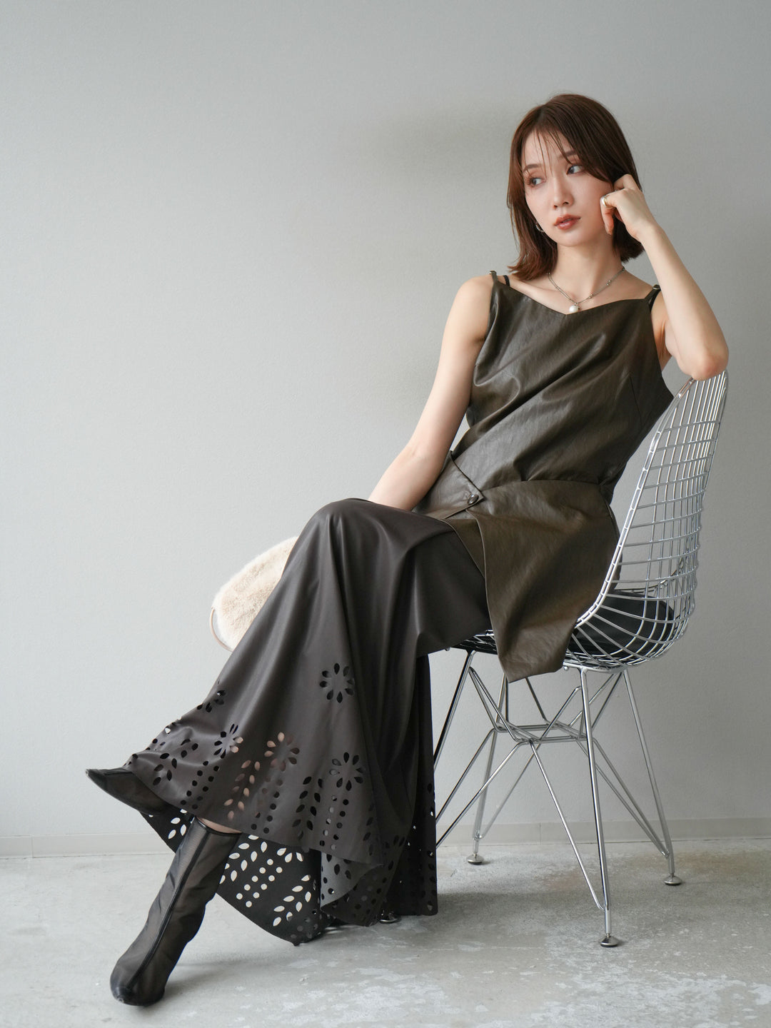 [予約]レイヤードレザーキャミソールチュニック/ブラウン